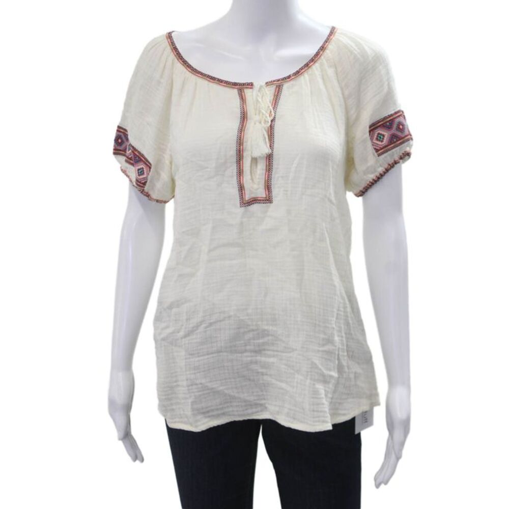 J Crew Women Tunic Blouse White Geometric Round Neck Short Sleeve Size 2XS